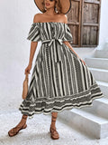 Printed Off-Shoulder Tie Belt Midi Dress