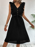 Buttoned Ruffle Trim Belted Pleated Dress